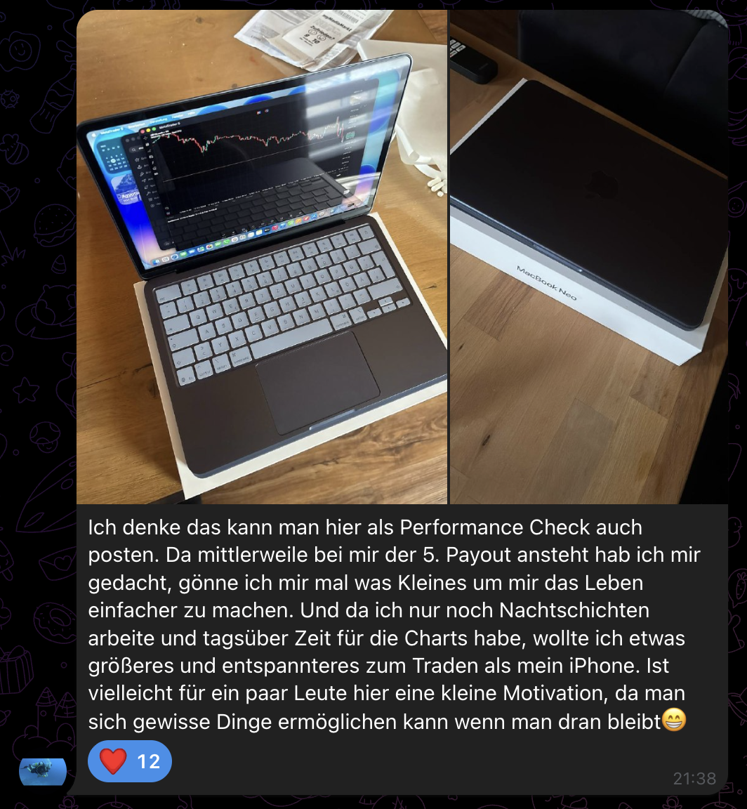 Screenshot aus der MSCM Community: Mitglied zeigt neues MacBook nach dem fünften Payout