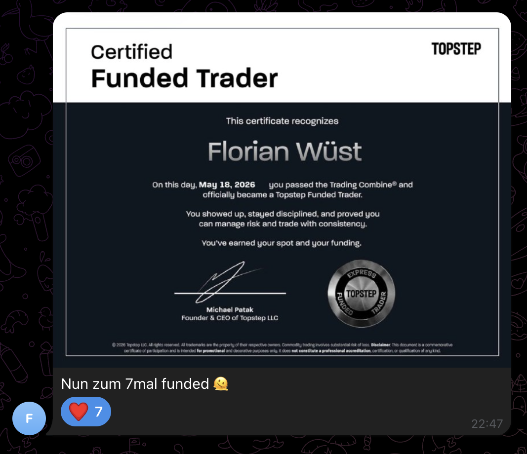 Screenshot aus der MSCM Community: Topstep Certified Funded Trader Zertifikat
