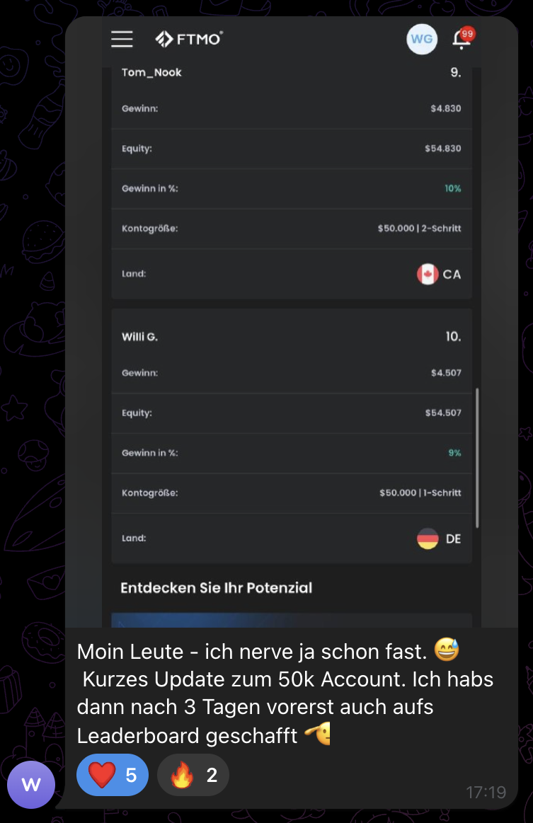 Screenshot aus der MSCM Community: FTMO Leaderboard mit 4.507 USD Gewinn auf einem 50k Account