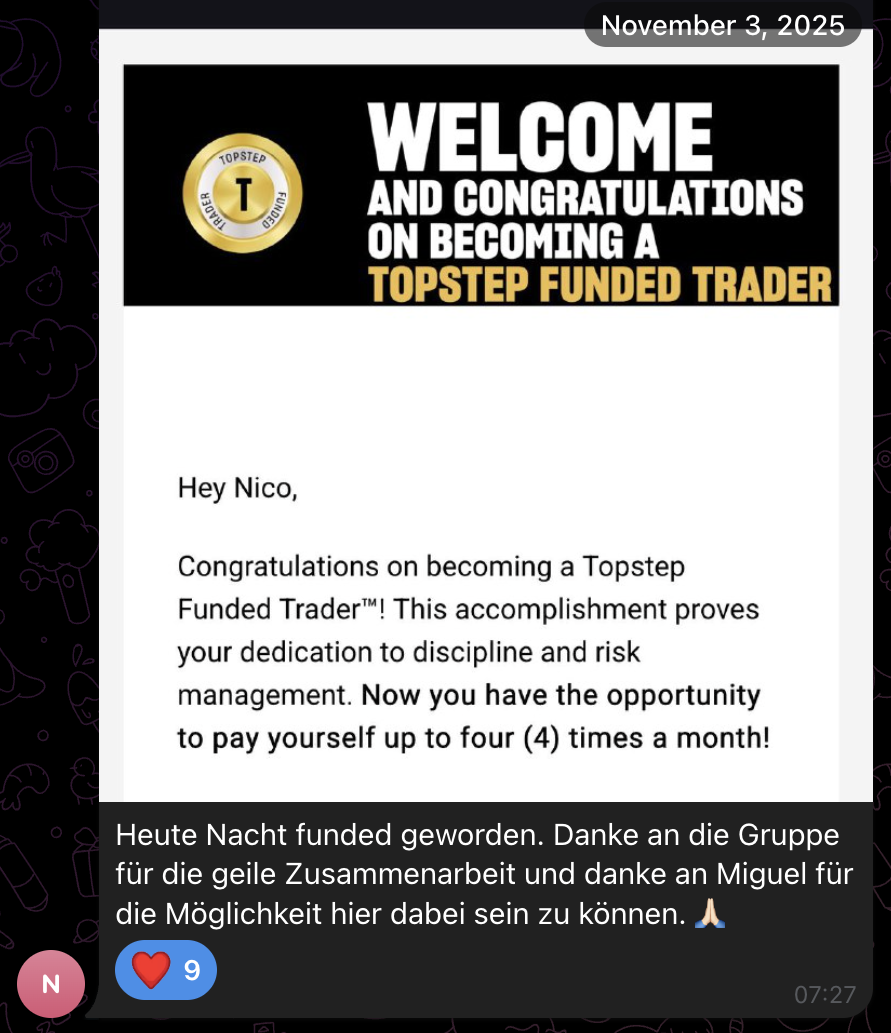 Screenshot aus der MSCM Community: Willkommensnachricht als Topstep Funded Trader