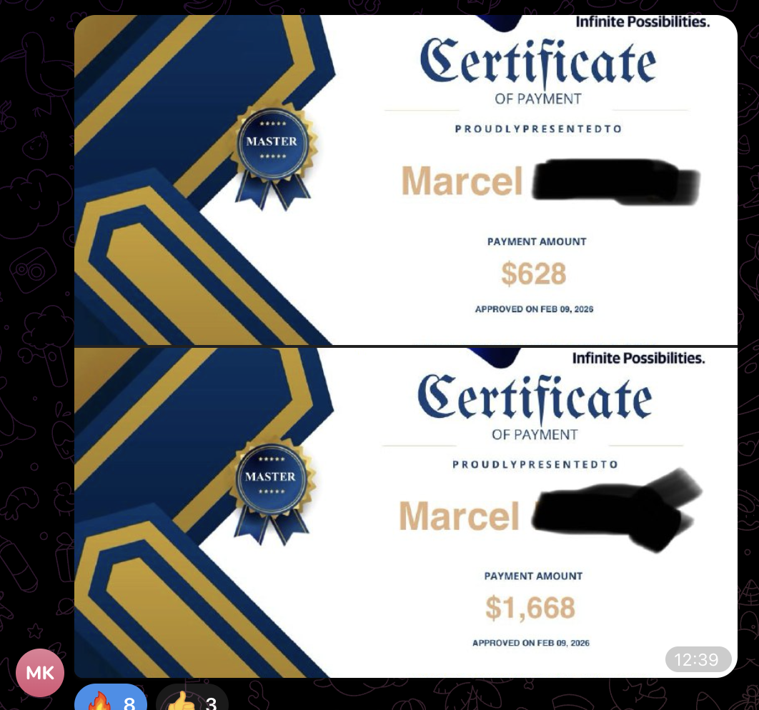 Screenshot aus der MSCM Community: zwei Payment-Zertifikate über 628 und 1.668 USD