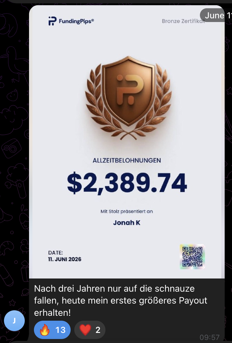 Screenshot aus der MSCM Community: FundingPips Bronze Zertifikat über 2.389,74 USD