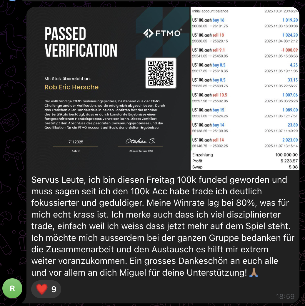 Screenshot aus der MSCM Community: FTMO Passed Verification mit Kontoauszug eines 100k Accounts