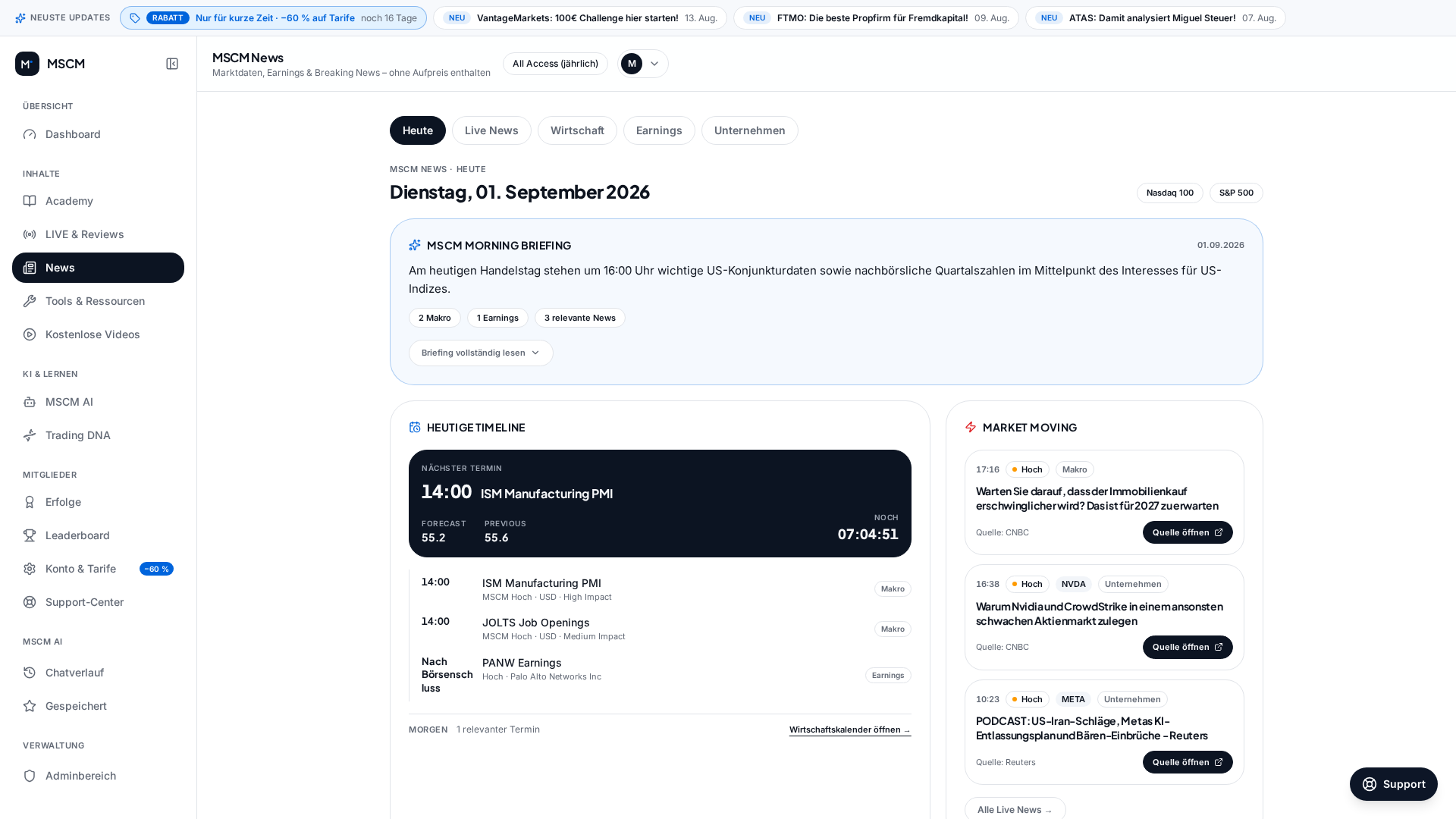 MSCM NEWS mit Morning Briefing und Timeline des Handelstags
