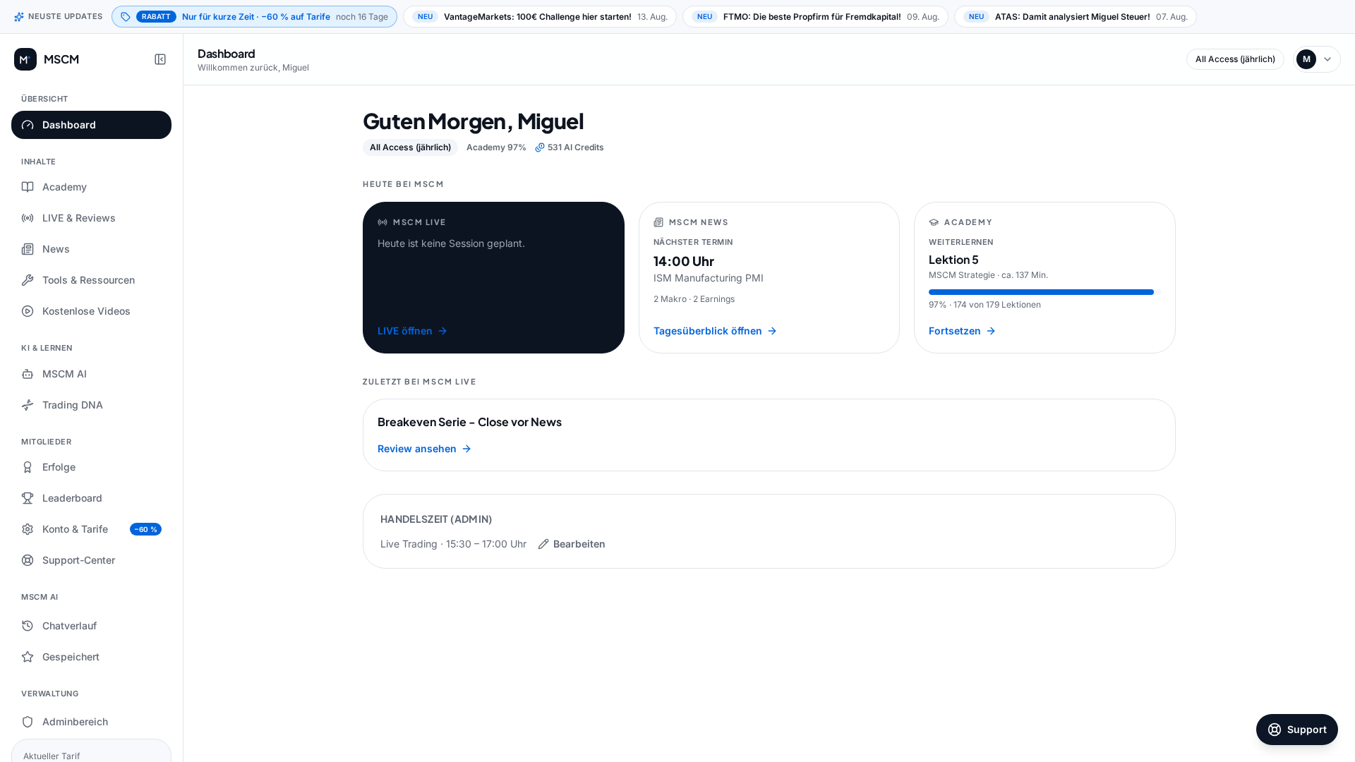 Neue MSCM Dashboard-Übersicht mit LIVE-, NEWS- und Academy-Karte